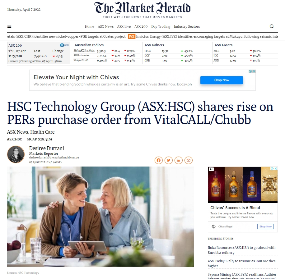 HSC Technology Group (ASX:HSC) shares rise on PERs purchase order from VitalCALL/Chubb