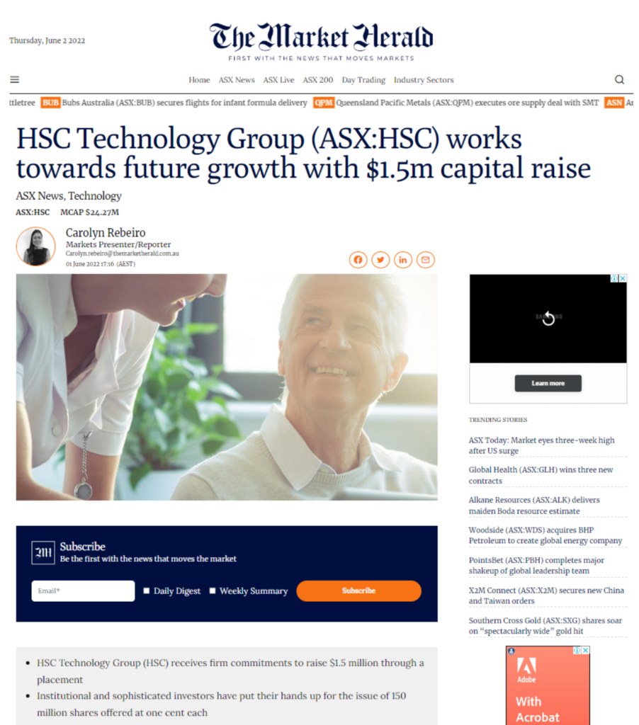 screenshot of the market herald news about hsc technology group