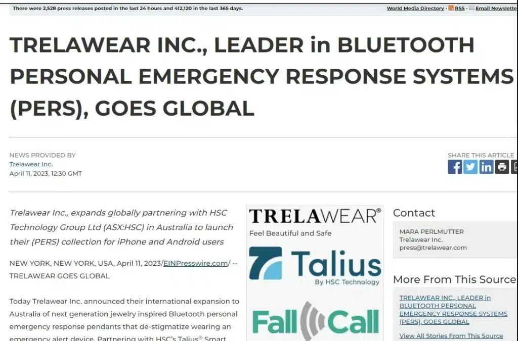 Trelawear Inc., Leader in Bluetooth Personal Emergency Response Systems (PERS), Goes Global